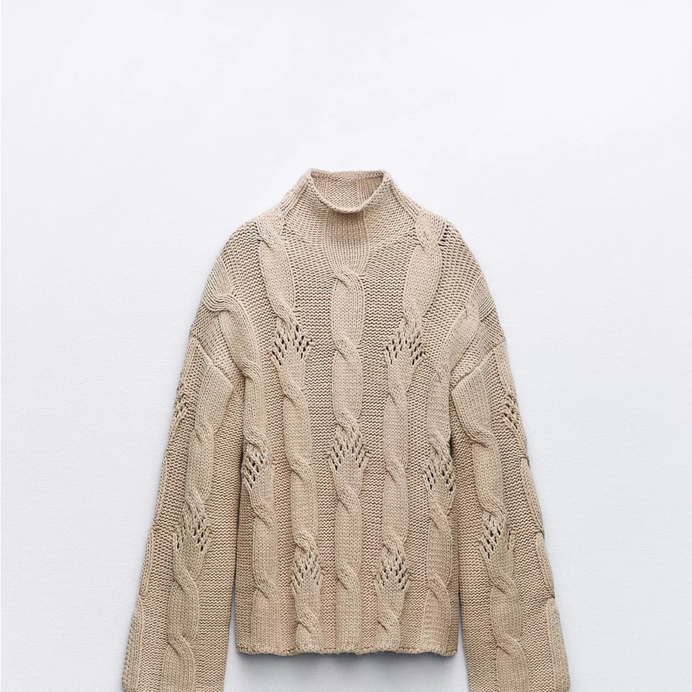 Zara Beige Cable Knit Turtleneck Sweater